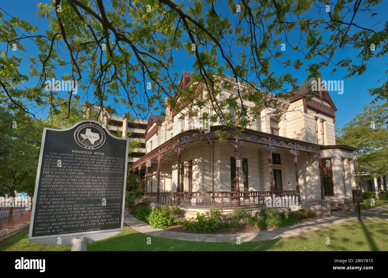 Hirshfeld House, dans le style victorien et Eastlake, panneau d'information de point de repère, à Austin, Texas, Etats-Unis Banque D'Images