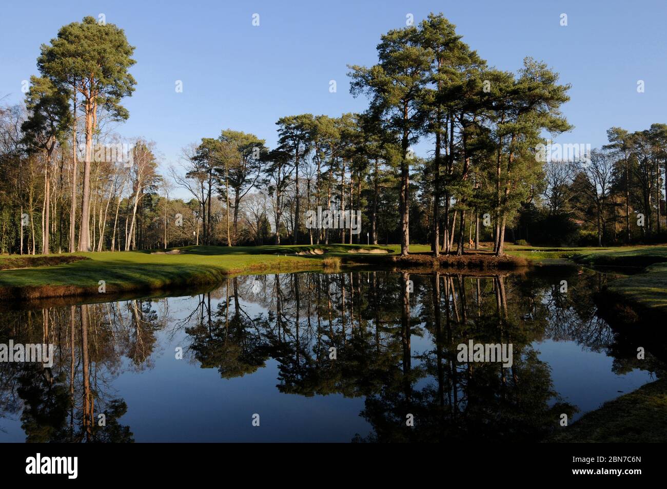 Vue du tee-over-Pond jusqu'au 16th Green, Woking Golf Club, Woking, Surrey, Angleterre Banque D'Images