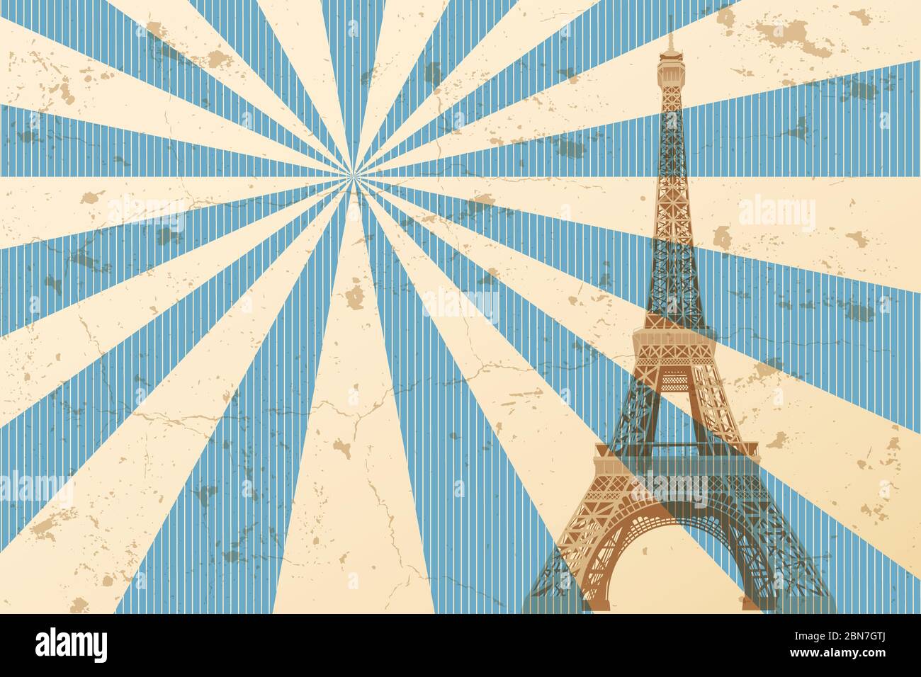 Carte postale de Paris avec la tour Eiffel et des éléments de design rétro - illustration faite de 3 couleurs dans différentes nuances Banque D'Images