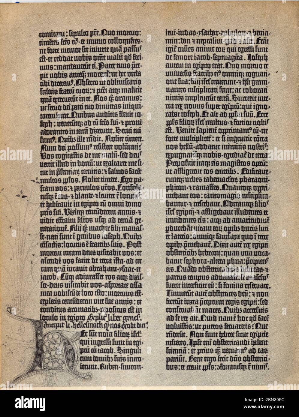 Bible de Gutenberg dite des 42 lignes. Texte latin. Fin de Genèse et début de l'Exode Banque D'Images