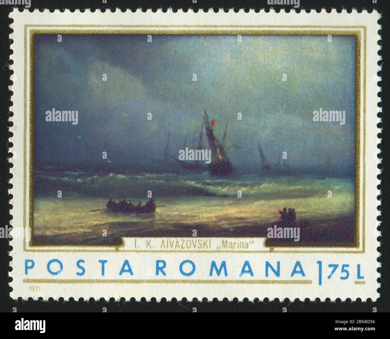 ROUMANIE - VERS 1971 : timbre imprimé par la Roumanie, exposition Ivan Konstantinovich Aivazovski peintures de navires, vers 1971. Banque D'Images