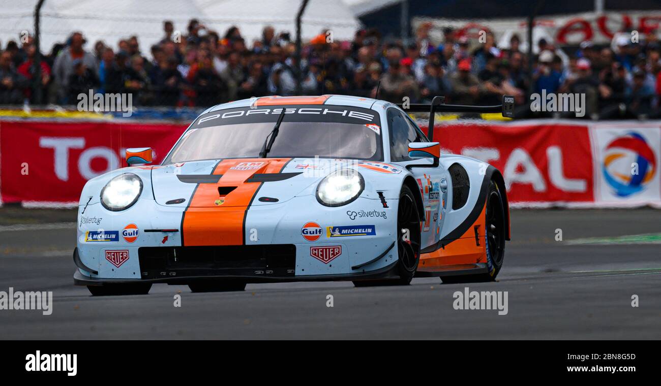 Le Mans / France - juin 15-16 2019 : 24 heures du Mans, Gulf Racing Team, Porsche 911 RSR LMGTEAm, course des 24 heures du Mans - France Banque D'Images