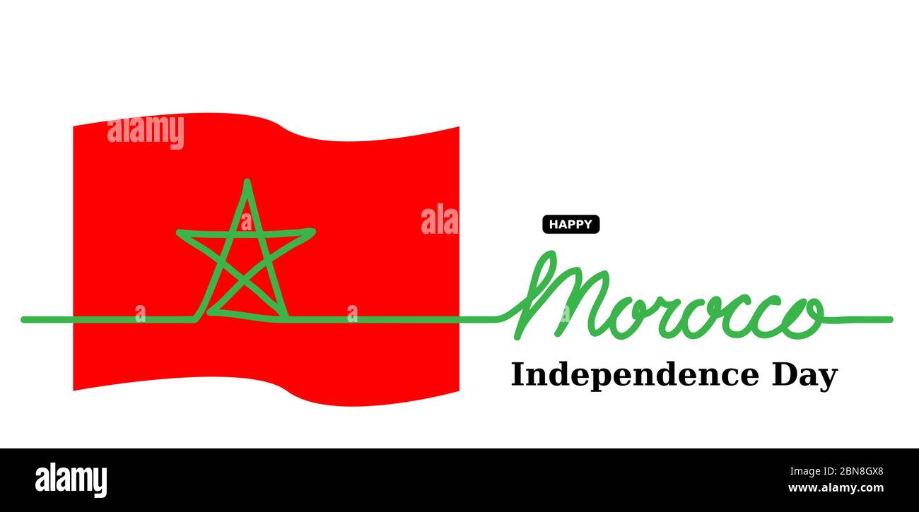Maroc jour de l'indépendance bannière vectorielle, fond. Un dessin de ligne continu et un lettrage. Drapeau vecteur marocain, bannière, affiche, fond Illustration de Vecteur
