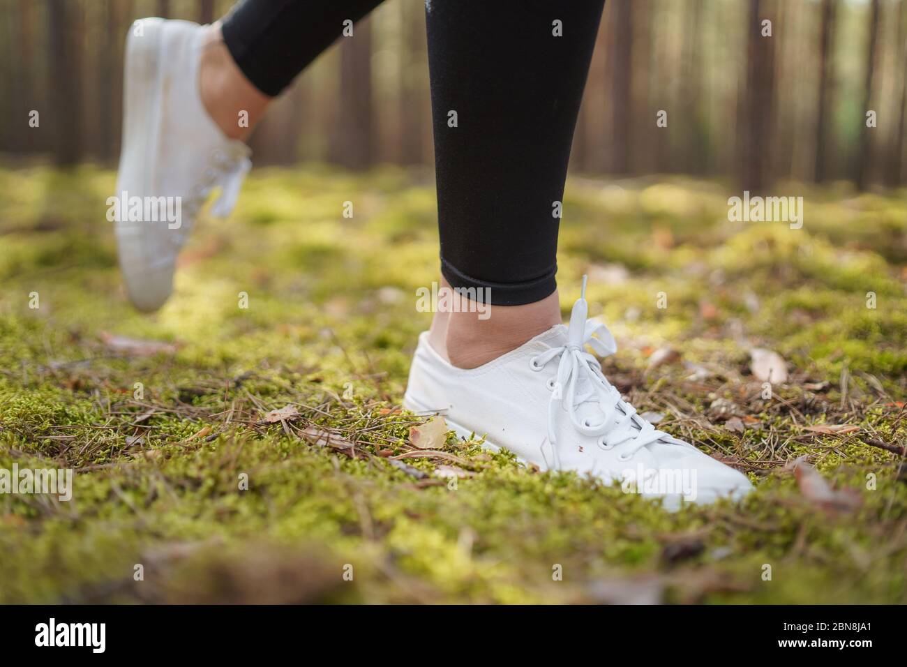 Pieds de coureur en train de courir sur route à proximité sur la chaussure.  Jogging sur un sentier dans une forêt de pins. Femme en train de courir.  Baskets blanches pour femme.