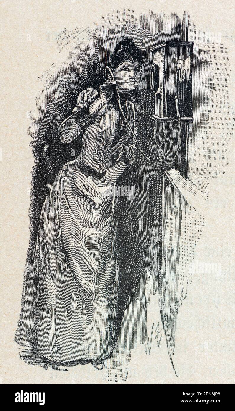 Dame utilisant un téléphone à l'ancienne, Berlin, illustration de 'Die Hauptstädte der Welt', la capitale du monde, Breslau vers 1897 Banque D'Images