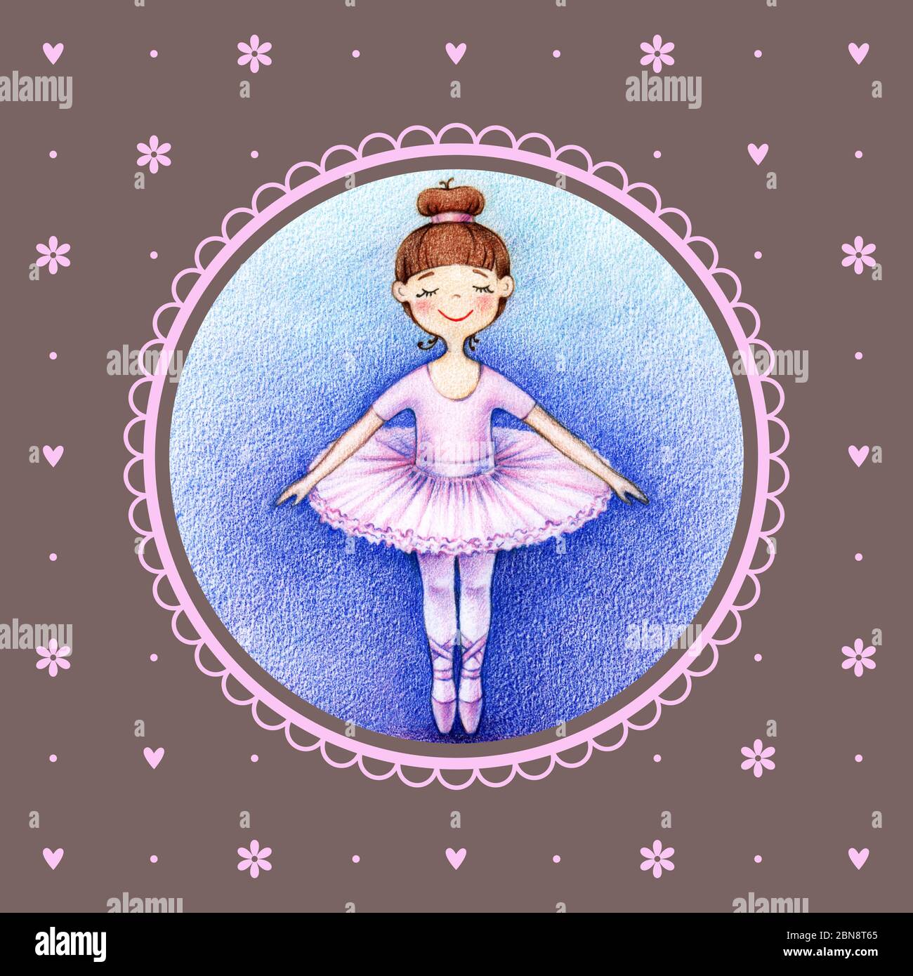 Main dessinée photo de la petite danseuse de ballet par des crayons de couleur dans le cadre vintage rose sur fond marron Banque D'Images