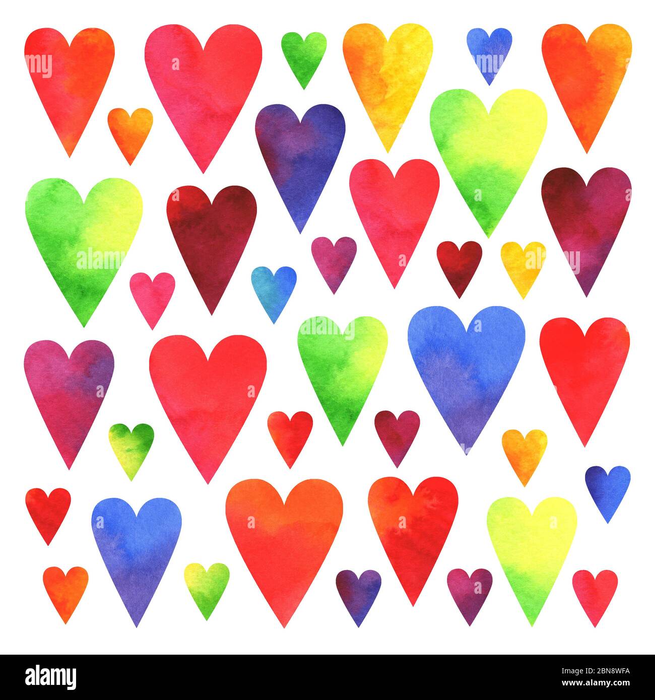 Coeurs colorés peints à la main aquarelle isolés sur fond blanc Banque D'Images