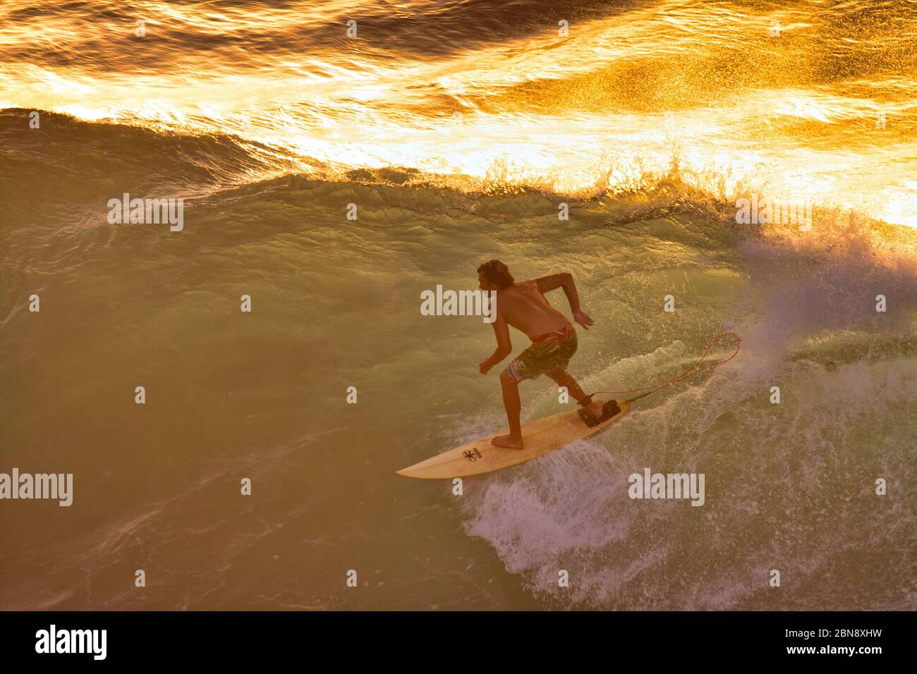 Surfeur méconnaissable qui a fait une dernière vague de la journée à Maui. Banque D'Images