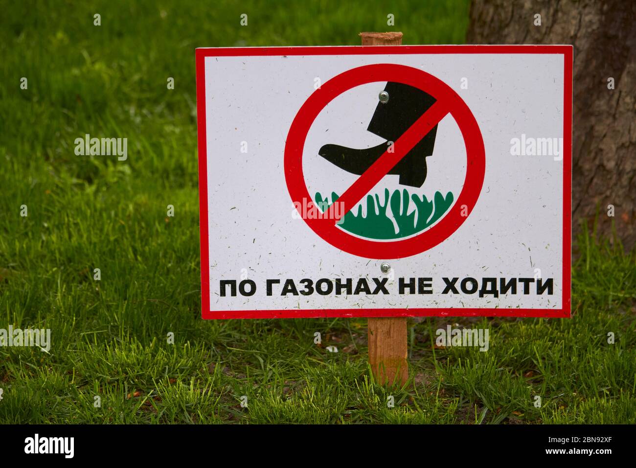 Pelouse verte et panneau avec l'inscription en ukrainien ne marchez pas sur les pelouses Banque D'Images