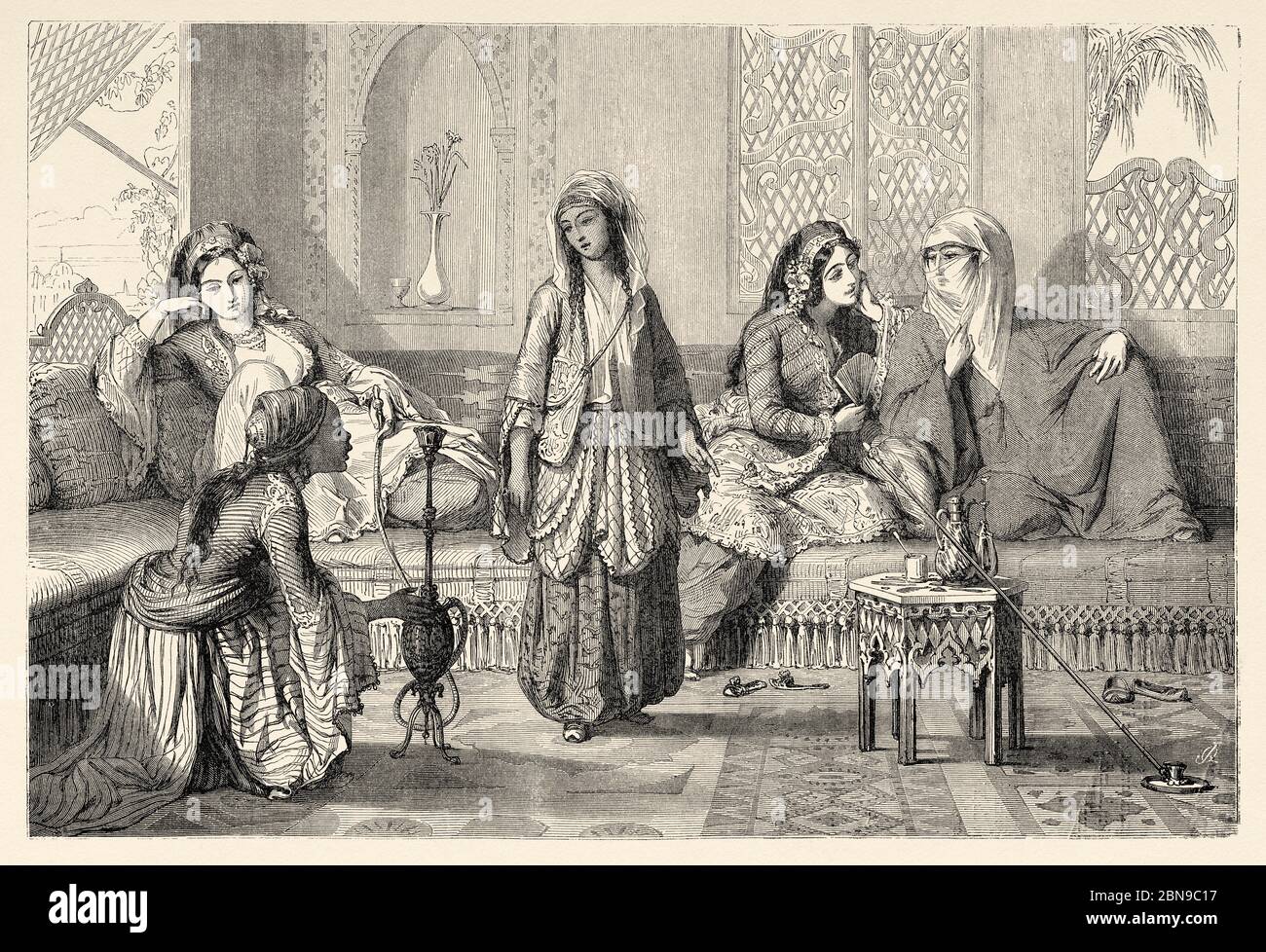 Femmes de Harem recréées avec des personnages grandeur nature. Palais du Sultan de Topkapi Sarayi, Istanbul, Turquie. Illustration gravée du XIXe siècle, le Tour du monde 1863 Banque D'Images
