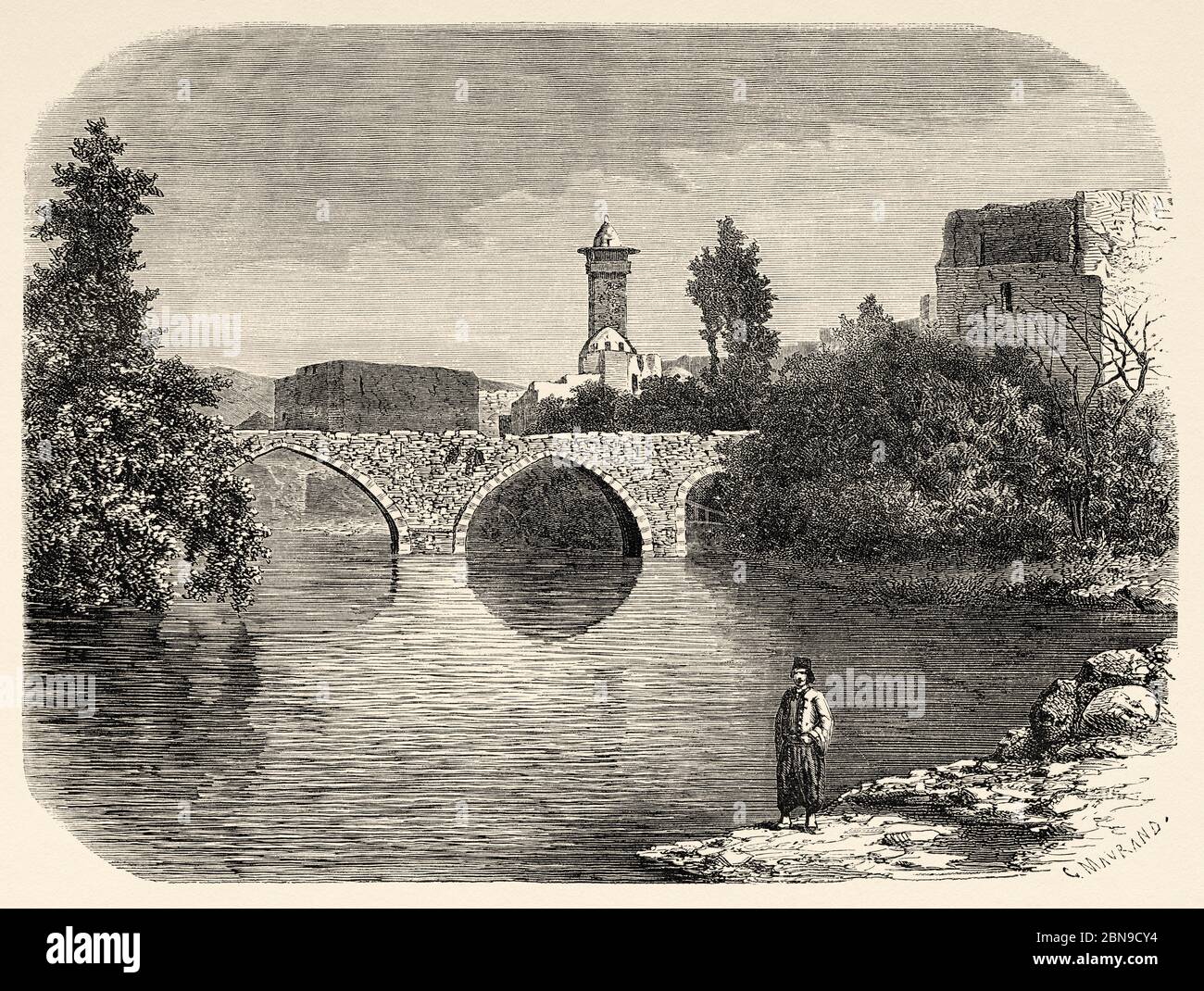Pont sur la rivière Orontes dans la vieille ville de Hama. Syrie, République arabe syrienne. Moyen-Orient, illustration gravée du Vieux XIXe siècle, le Tour du monde 1863 Banque D'Images