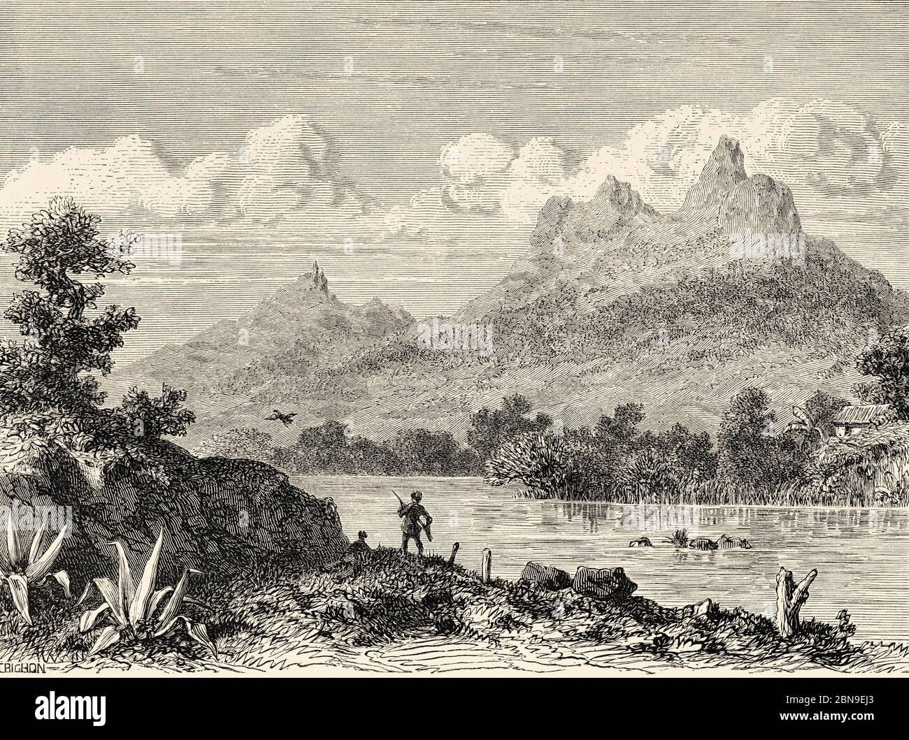 Paysage naturel vue sur la montagne Bambous, Ile Maurice. Îles Mascarene Afrique du Sud, illustration gravée du XIXe siècle, le Tour du monde 1863 Banque D'Images