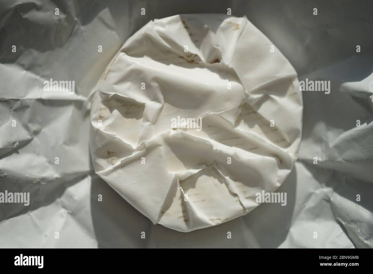 Fromage camembert rond entier sur un papier d'emballage ensoleillé. Vue de dessus. Banque D'Images