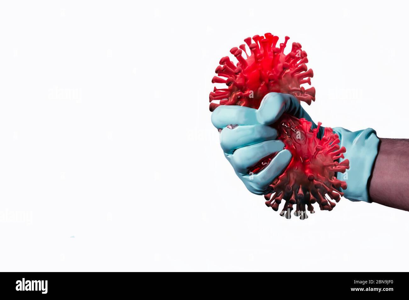 gros plan de la main dans des gants stériles accrochant au virus corona sur fond noir. illustration 3d. Gagnez combat covid-19 virus corona. Guérir le virus corona. Les gens Banque D'Images