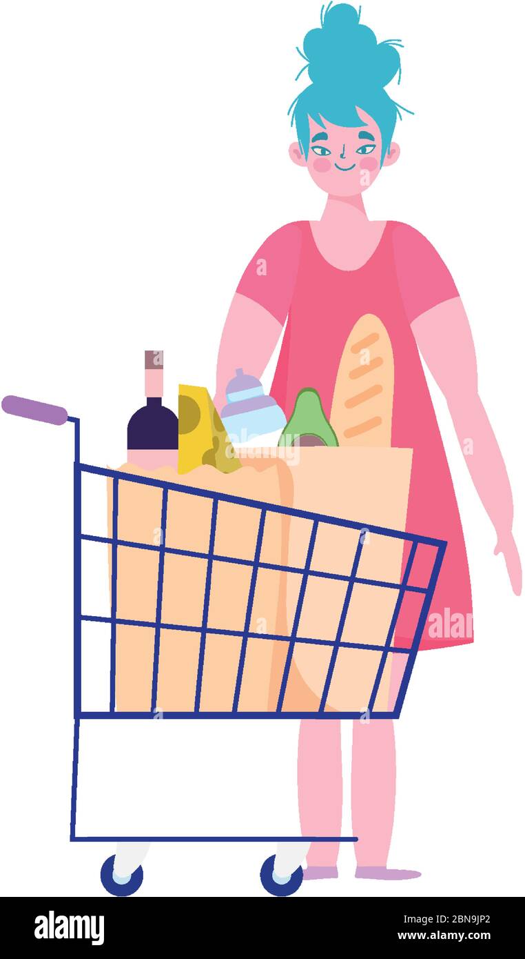 les gens de l'achat de palissade, le personnage de femme avec le panier et le sac alimentaire supermarché illustration vectorielle Illustration de Vecteur