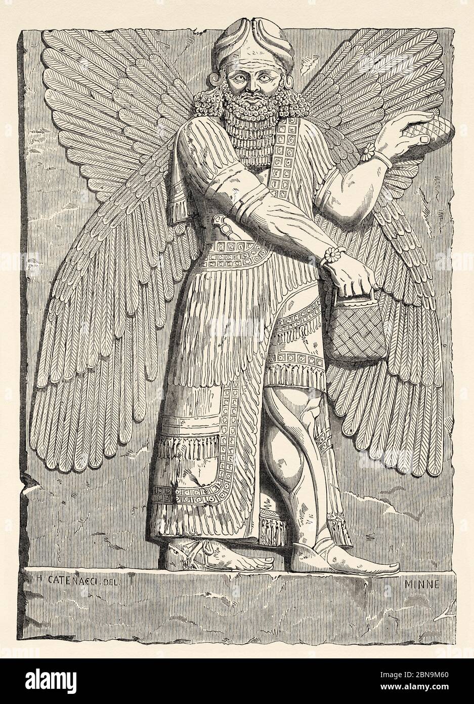 Panneau sculpté de relief de pierre d'une bénédiction Genius. Dur Sharrukin, le palais du roi assyrien Sargon II à Khorsabad. Illustration gravée du XIXe siècle, le Tour du monde 1863 Banque D'Images