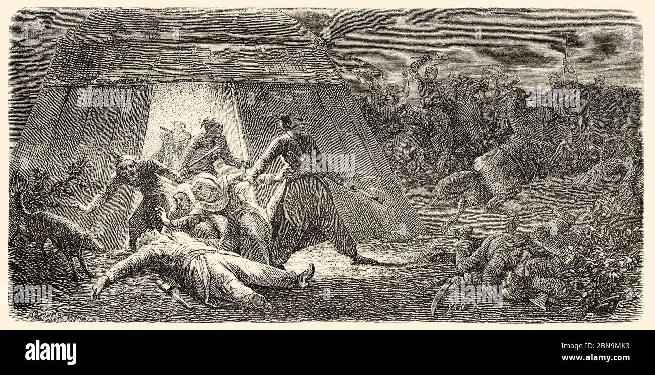 Guerriers attaquant une tribu kirghize la nuit, Kirghizistan, Asie centrale. Illustration gravée du XIXe siècle, le Tour du monde 1863 Banque D'Images