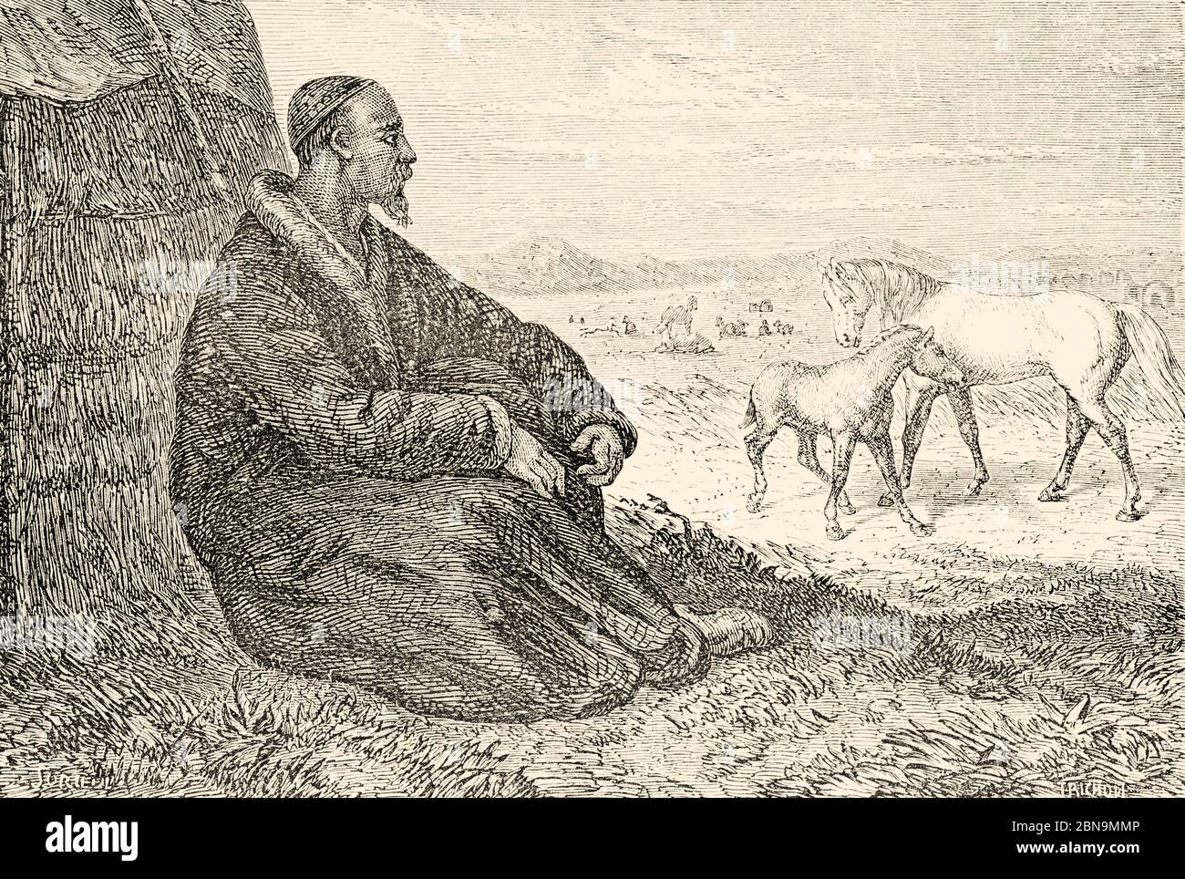 Un berger de village kirghize qui s'occupent de son troupeau d'animaux, Kirghizistan, Asie centrale. Illustration gravée du XIXe siècle, le Tour du monde 1863 Banque D'Images