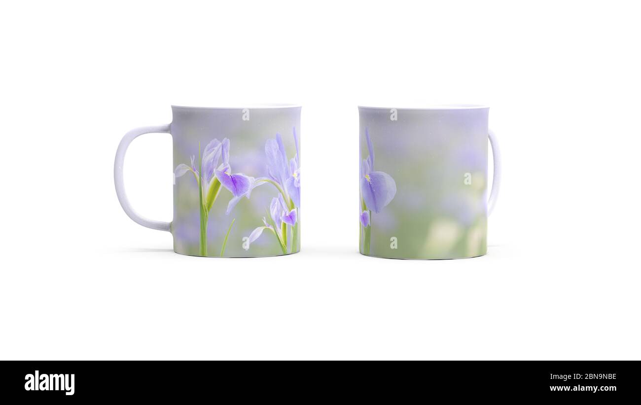 Le rendu 3d de la fleur de l'iris sur la tasse à café Banque D'Images