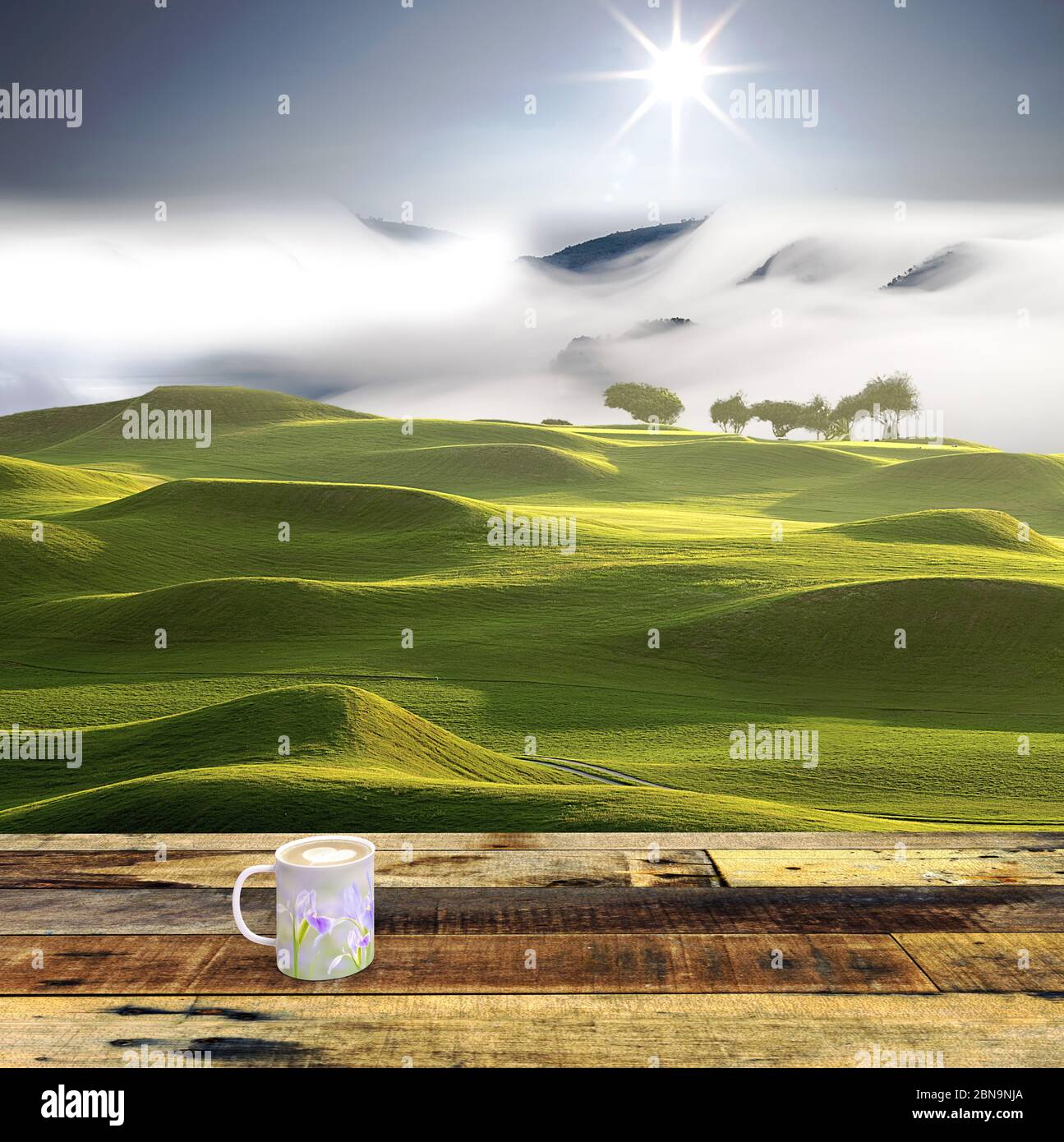 Le rendu 3d de la fleur de l'iris sur la tasse à café avec une belle vue Banque D'Images