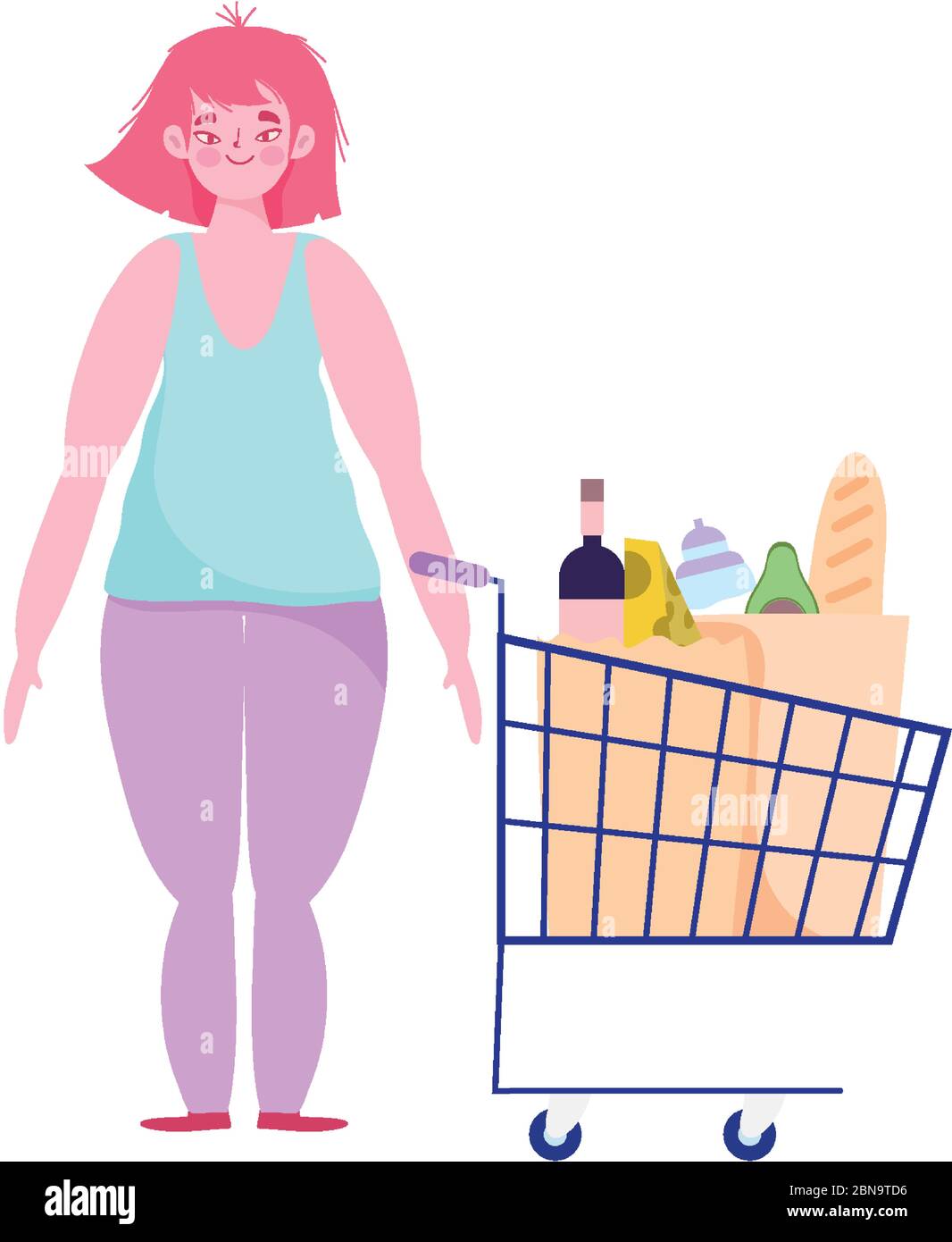 les gens qui arraisonnement achat, femmes personnages avec panier et sac alimentaire supermarché illustration vectorielle Illustration de Vecteur