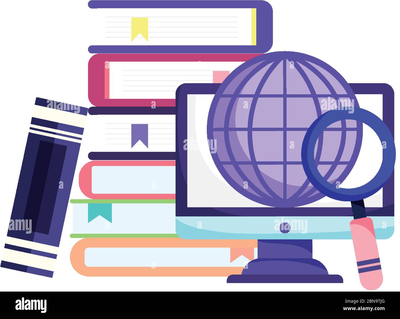 éducation en ligne, monde informatique livres empilés loupe illustration vectorielle Illustration de Vecteur