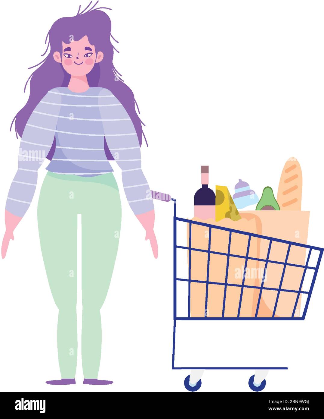 les gens qui arraisonnement achat, femmes personnages avec panier et sac alimentaire supermarché illustration vectorielle Illustration de Vecteur