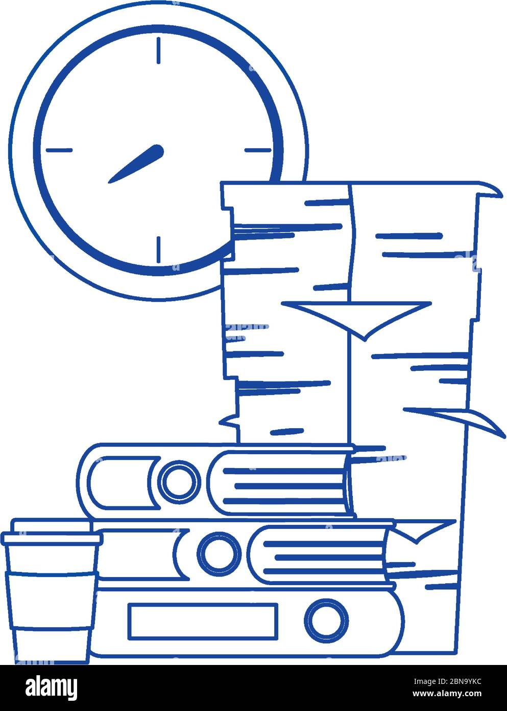 stress au travail, pile de papiers classeurs tasse à café et illustration du vecteur d'horloge Illustration de Vecteur