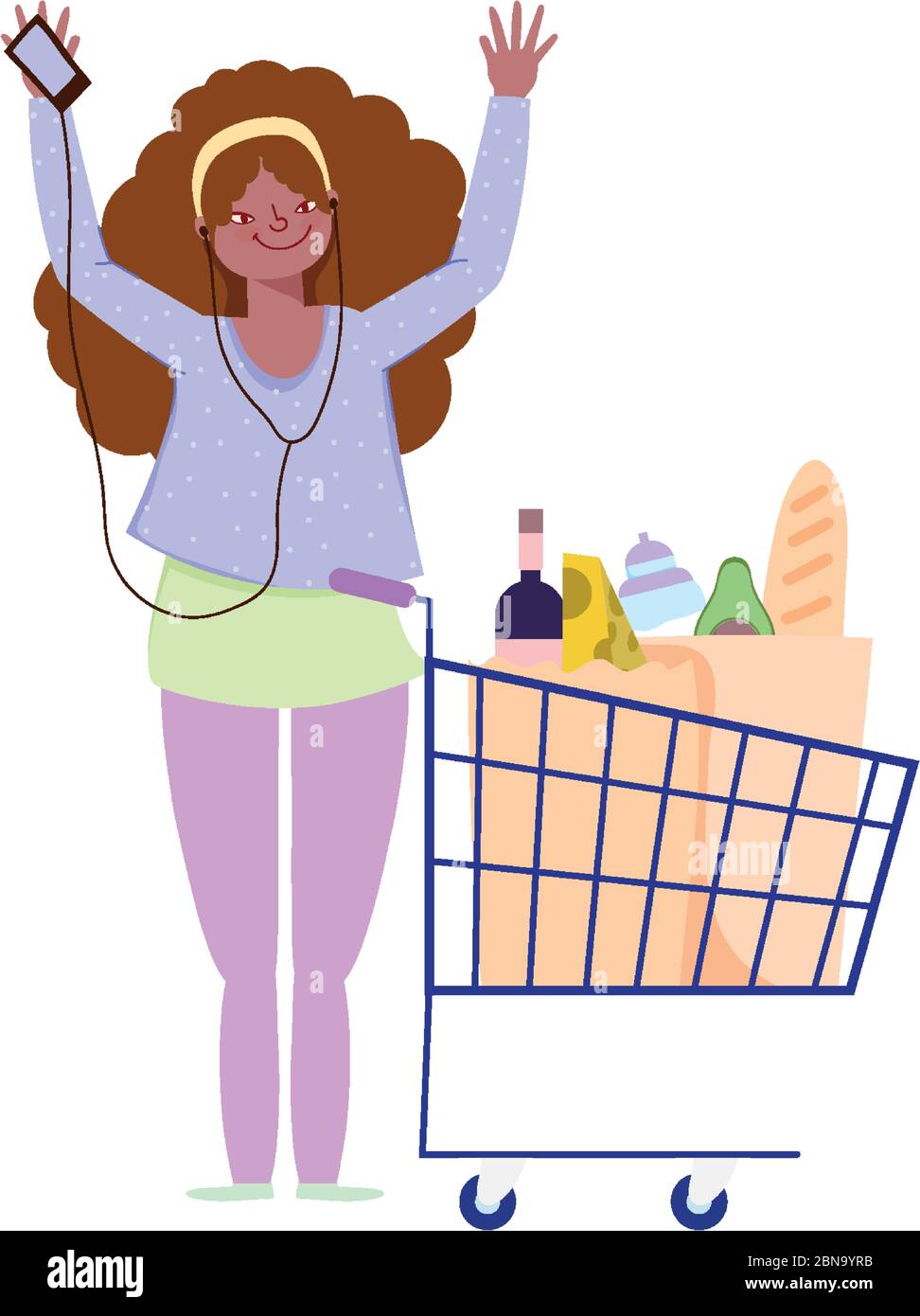 femme écoutant de la musique, panier alimentaire supermarché illustration vectorielle Illustration de Vecteur
