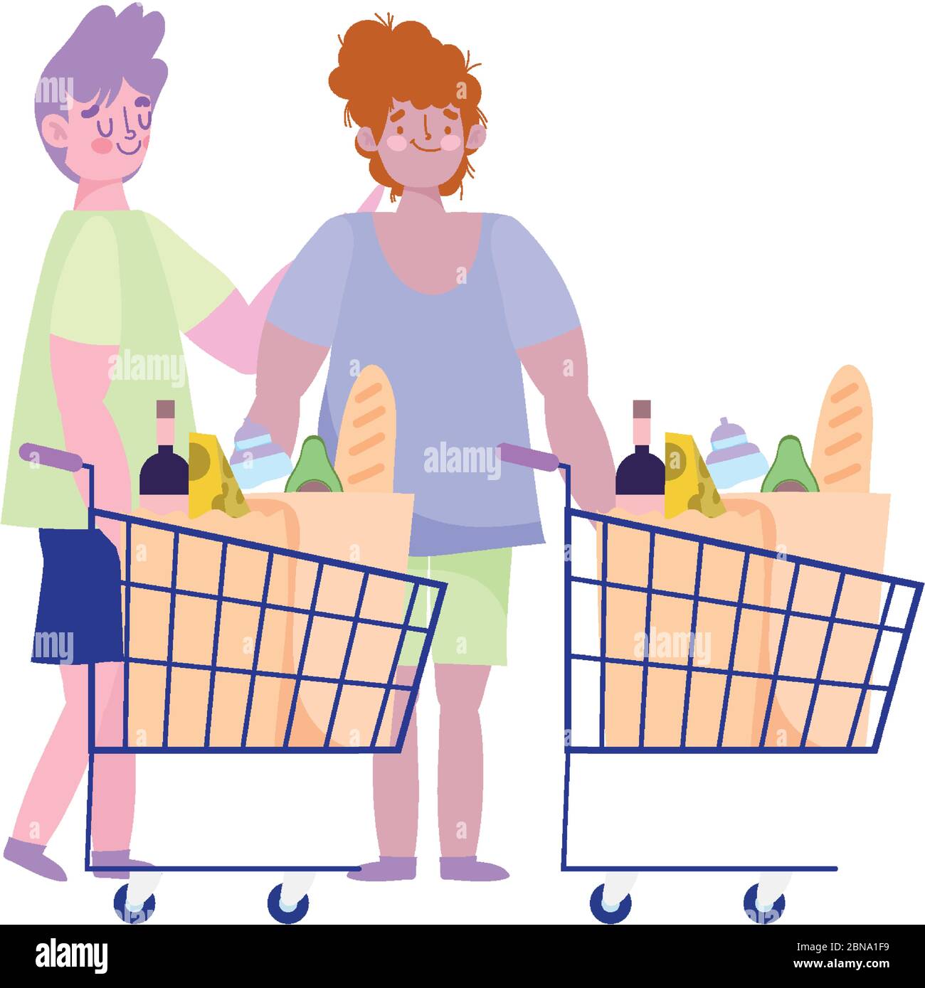 les gens achètent des palissades, deux hommes avec des chariots de supermarché avec illustration de vecteur alimentaire Illustration de Vecteur