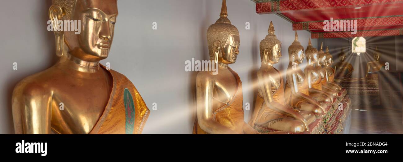 Statues dorées de Bouddha, Bhumispara-mudra, Bouddha Gautama au moment de l'illumination, Wat Pho, Bangkok, Thaïlande, Asie Banque D'Images