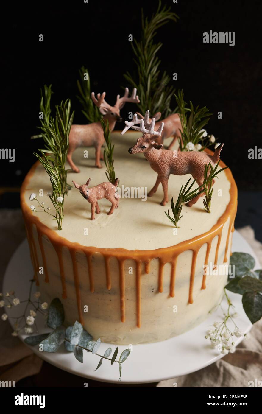 Cliche Vertical D Un Gateau De Reve Avec De La Creme Blanche Et Goutte D Orange Avec Une Foret Et Des Rennes Sur Le Dessus Photo Stock Alamy