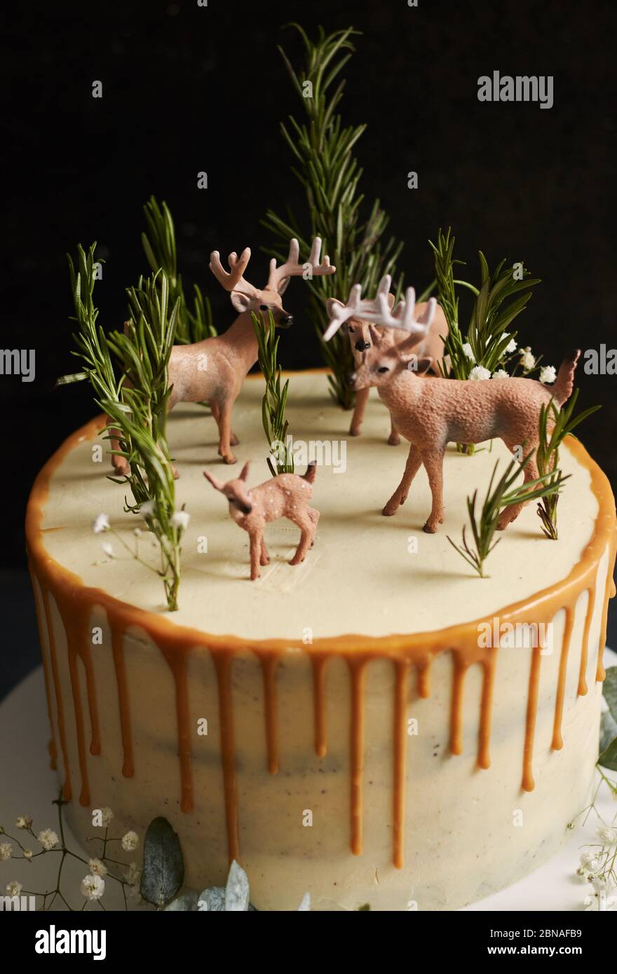 Cliche Vertical D Un Gateau De Reve Avec De La Creme Blanche Et Goutte D Orange Avec Une Foret Et Des Rennes Sur Le Dessus Photo Stock Alamy
