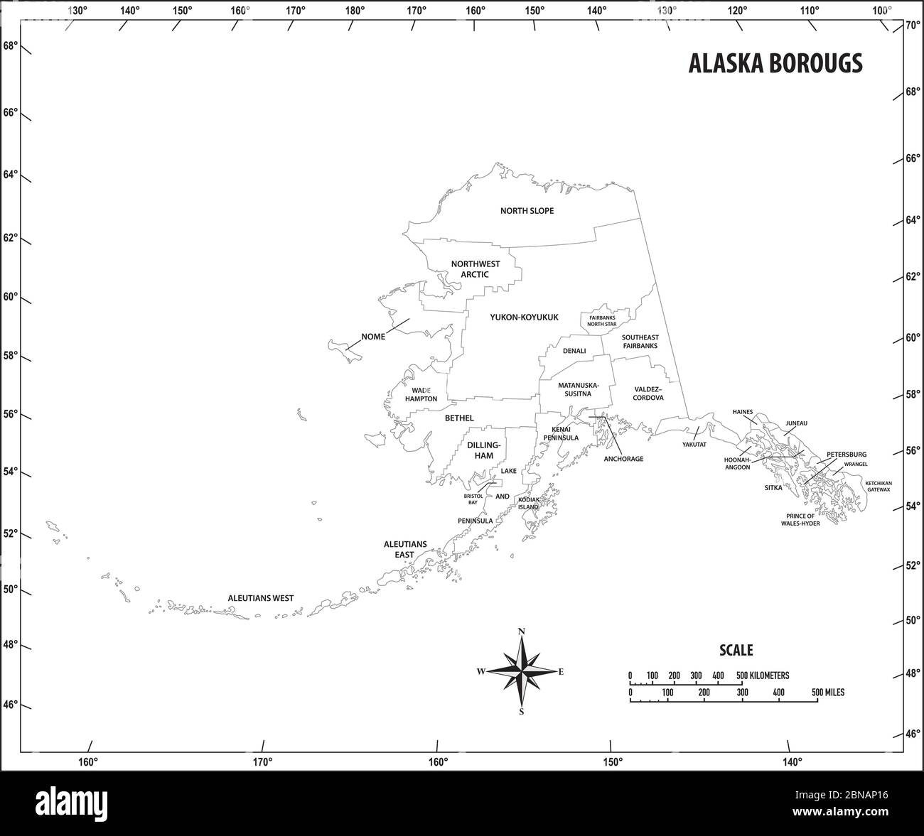 Carte vectorielle administrative et politique de l'État de l'Alaska en noir et blanc Illustration de Vecteur