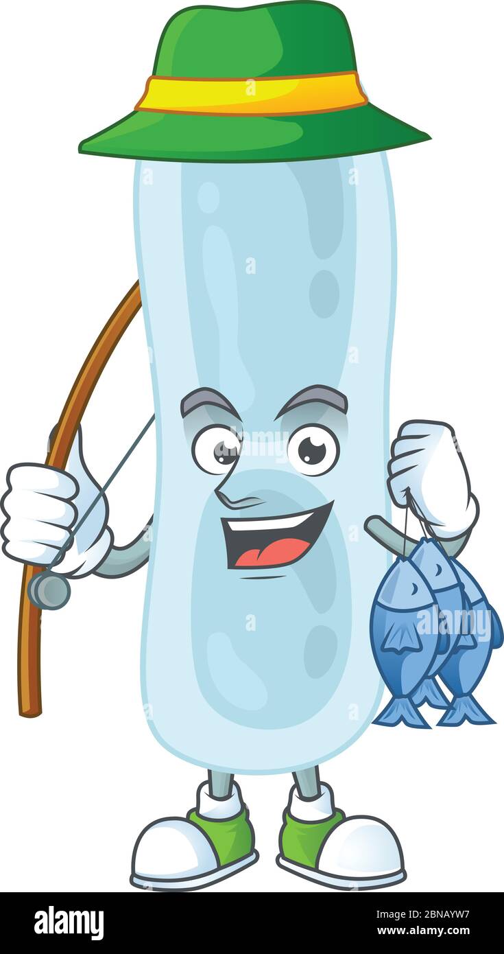 Une caricature de klebsiella pneumoniae pêcheur réussit à attraper un poisson Illustration de Vecteur