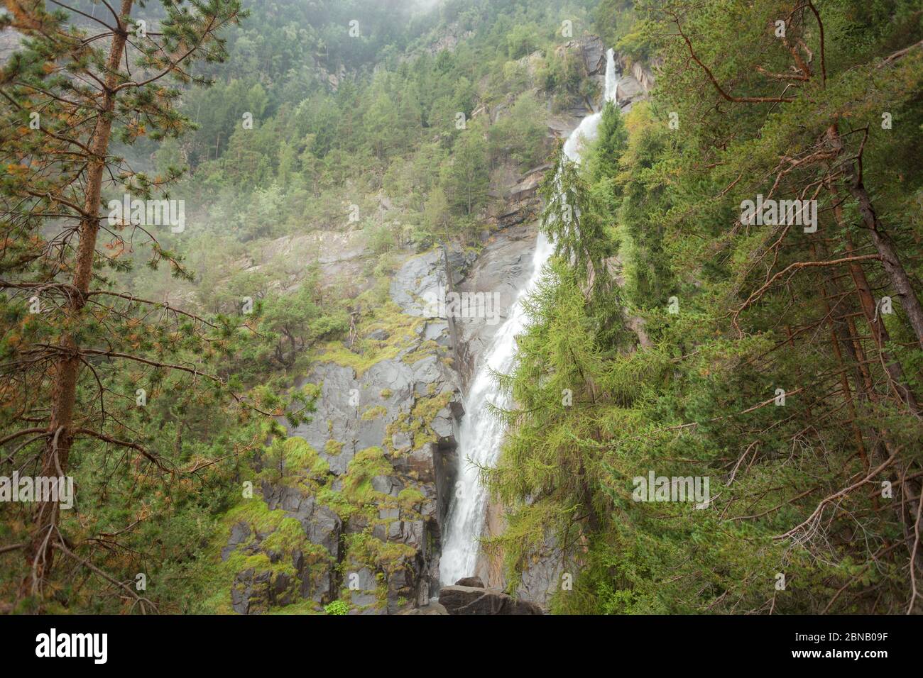 Cascade au milieu de la forêt brumeuse en Italie Banque D'Images