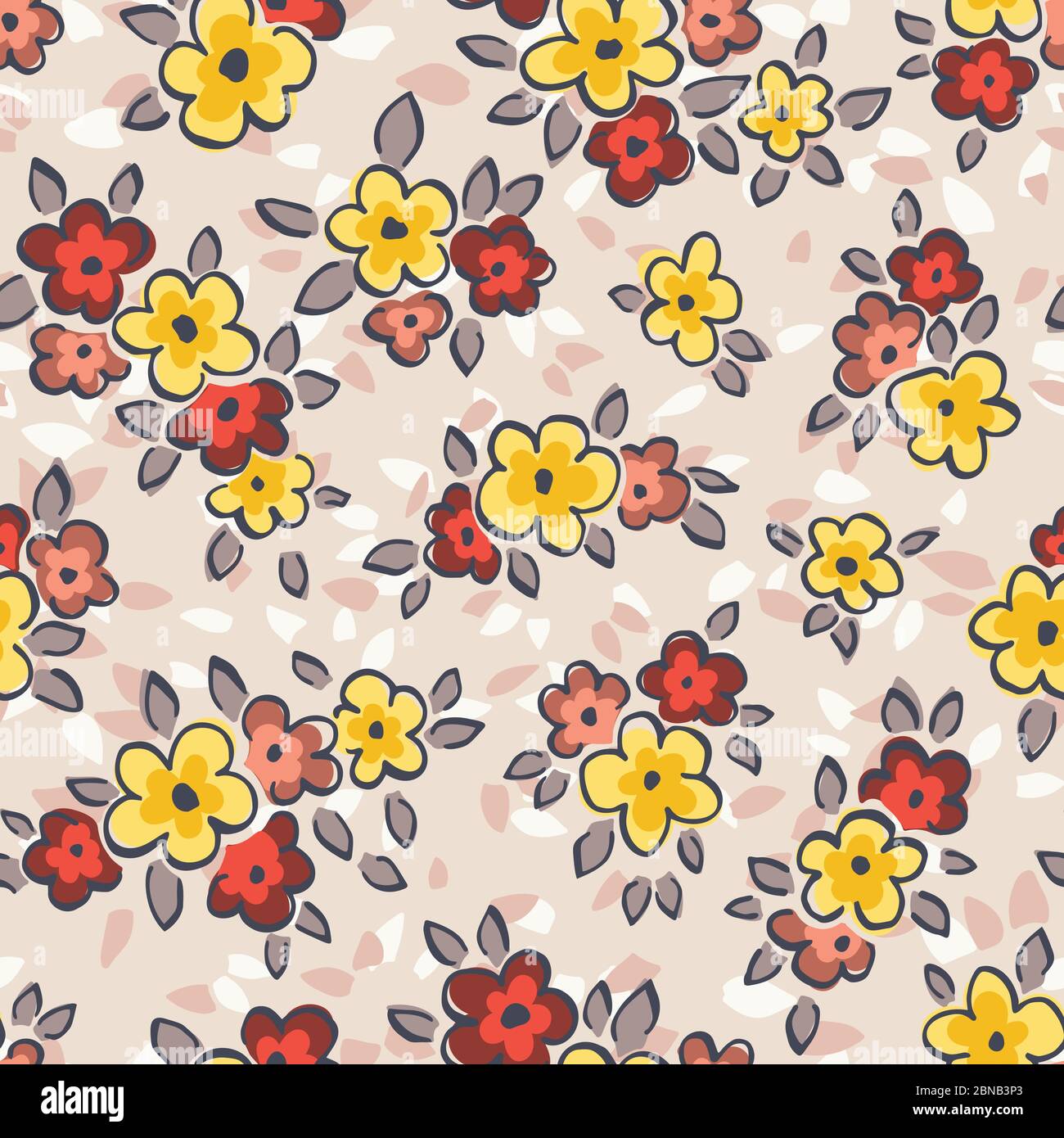 Dessin à la main artistique naïve fleurs de Marguerite contours sur fond beige Vector sans couture motif Illustration de Vecteur