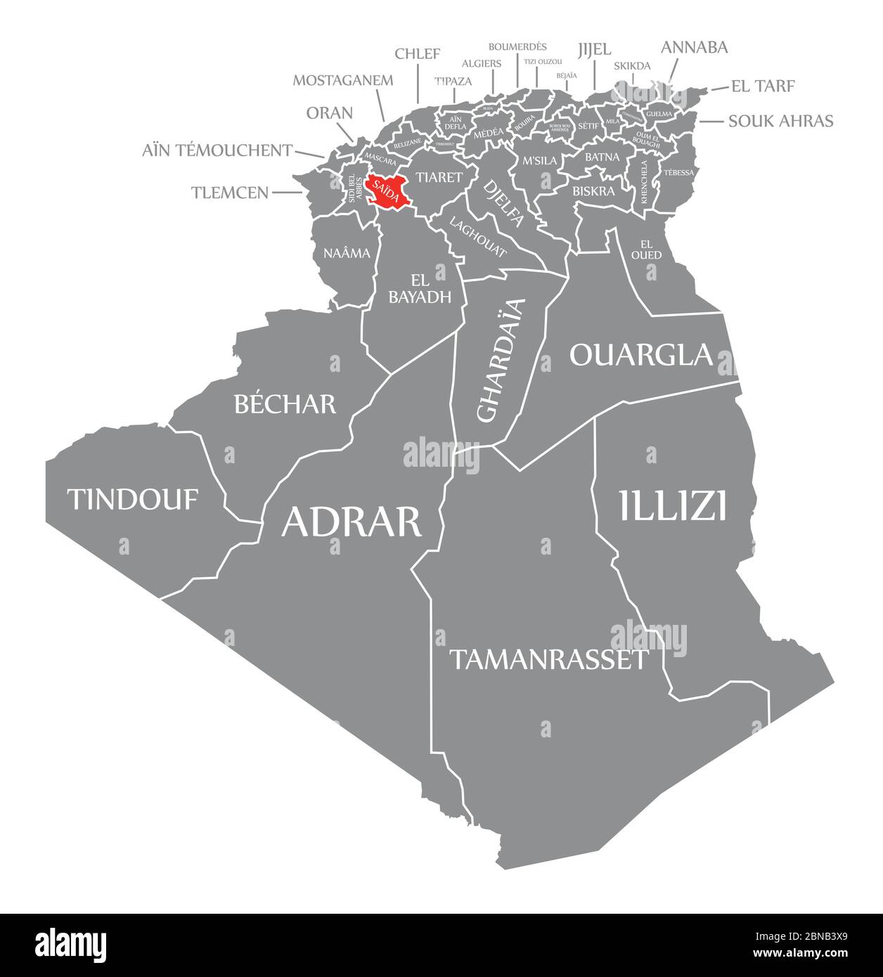 Saida rouge mis en évidence sur la carte de l'Algérie Illustration de Vecteur