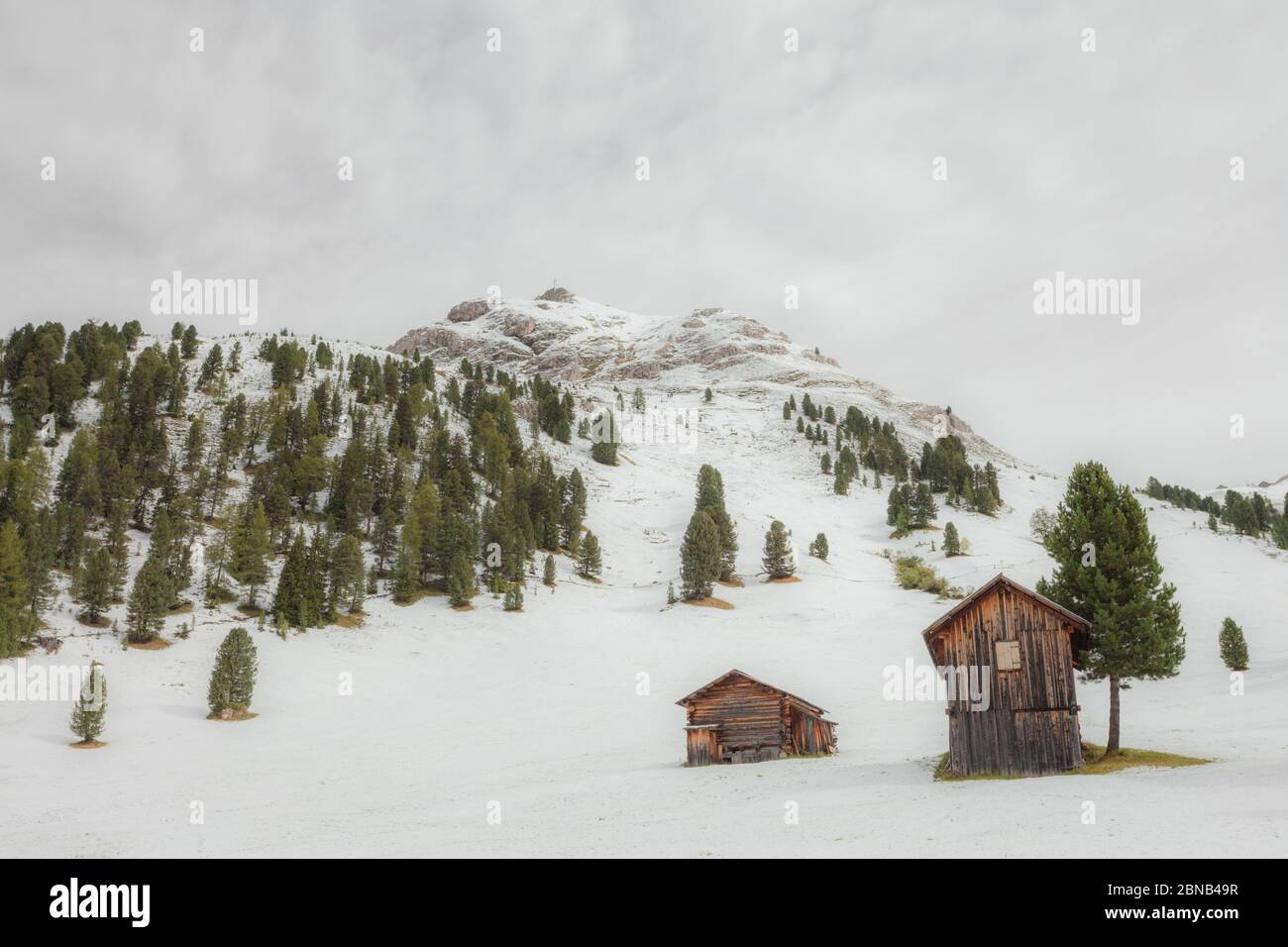 Vieux hanyloft dans un pâturage à Val di Funes après une chute de neige en automne Banque D'Images