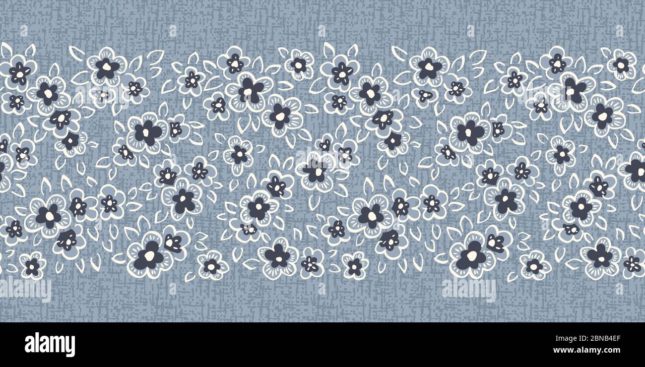 Dessin à la main, dessin artistique naïf fleurs de Marguerite sur fond bleu denim Vector sans couture bordure de motif Illustration de Vecteur