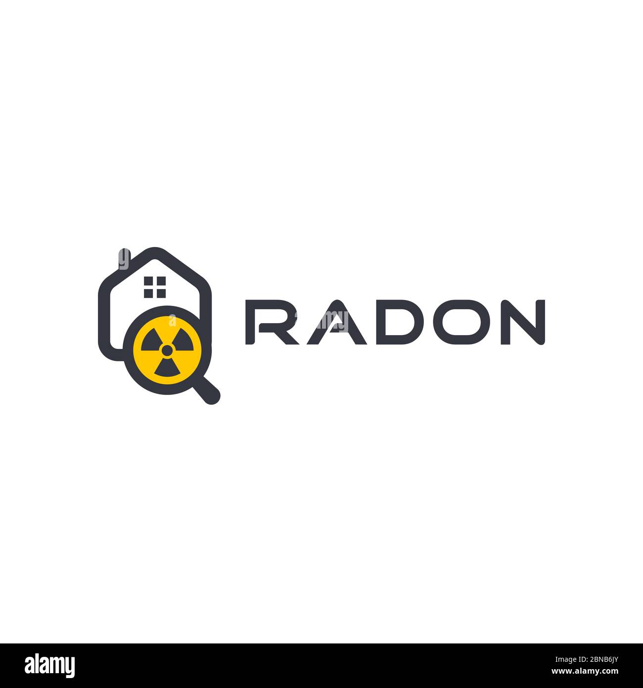 Logo de la trousse de première alerte sur le radon. Logo de détection de la maison de gaz toxique. Réparation RN, icône de sécurité de la maison. Test des éléments chimiques dangereux. Illustration de Vecteur