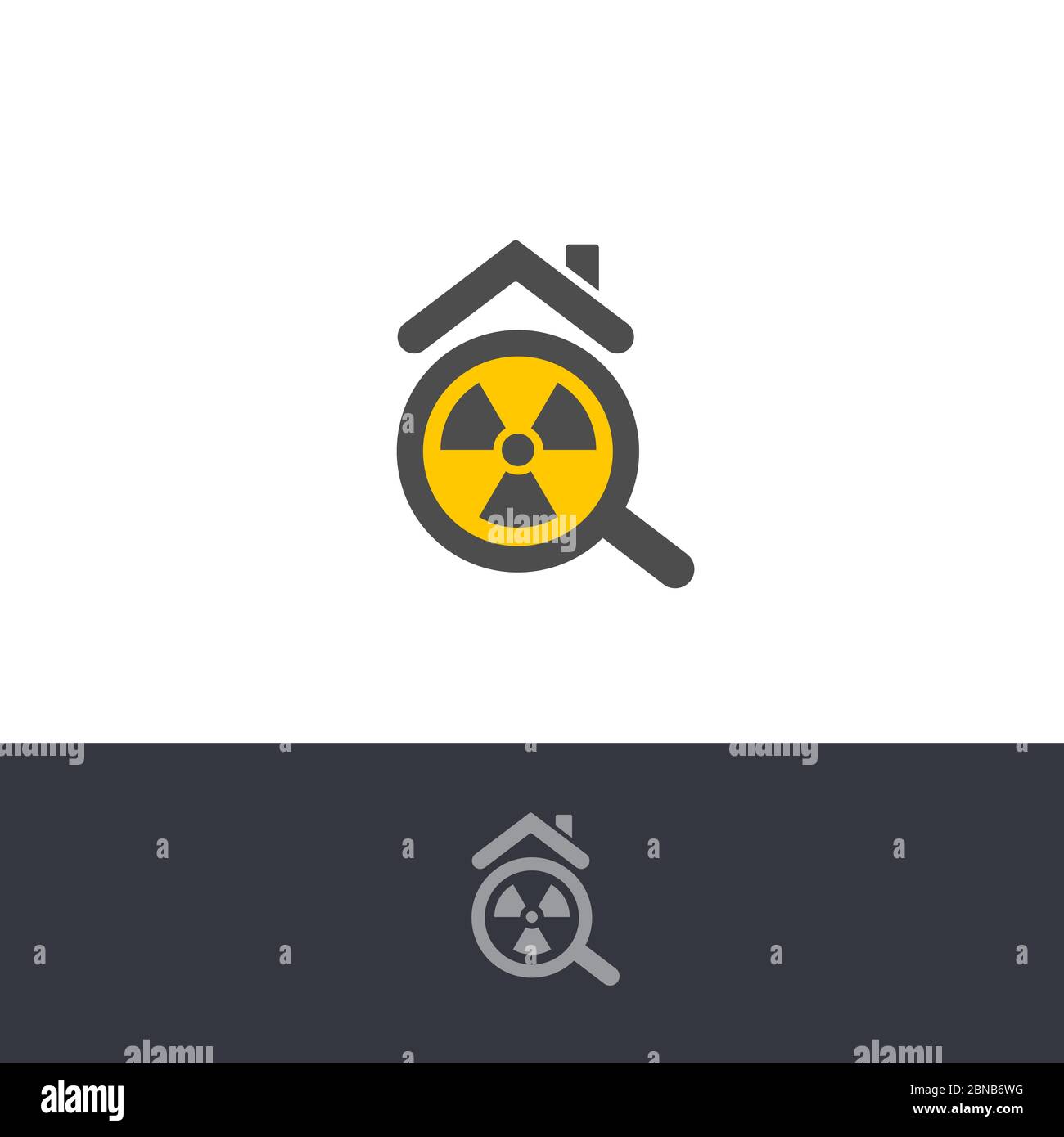 Contamination par le radon toxique isolé, logo d'élément chimique. Bâtiment radioactif, icône d'avertissement de maison. Logotype de test de pollution radium. Atomique Illustration de Vecteur