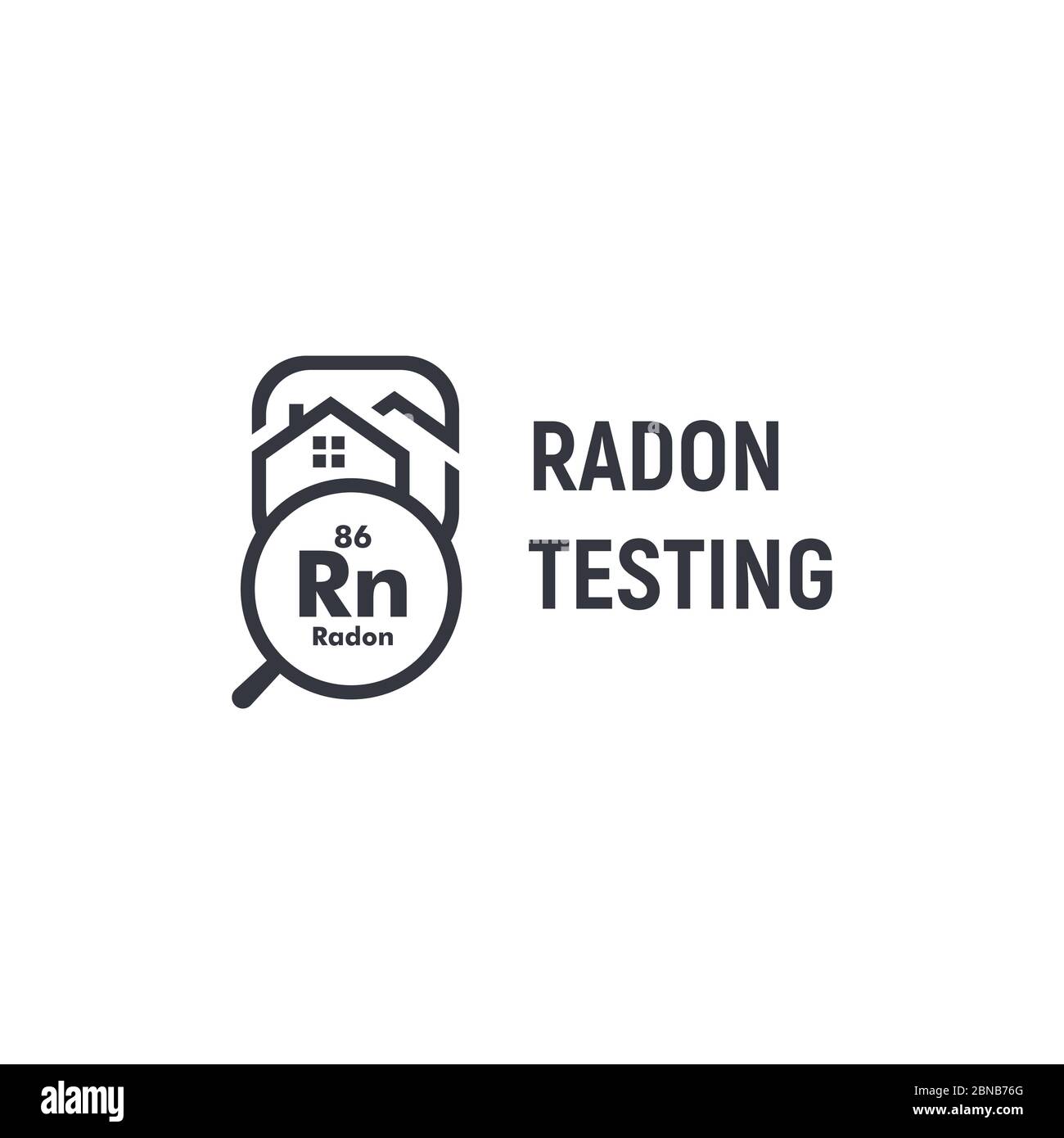 Logotype de la trousse de première alerte de dépistage du radon. Logo du service de restauration RN Home. Élément chimique toxique, icône de prévention de l'épandage de gaz. Noir et blanc Illustration de Vecteur