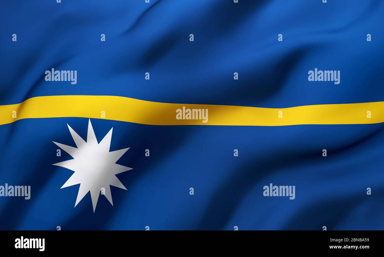 Drapeau de Nauru soufflant dans le vent. Pleine page Nauruan drapeau volant. Illustration 3D. Banque D'Images