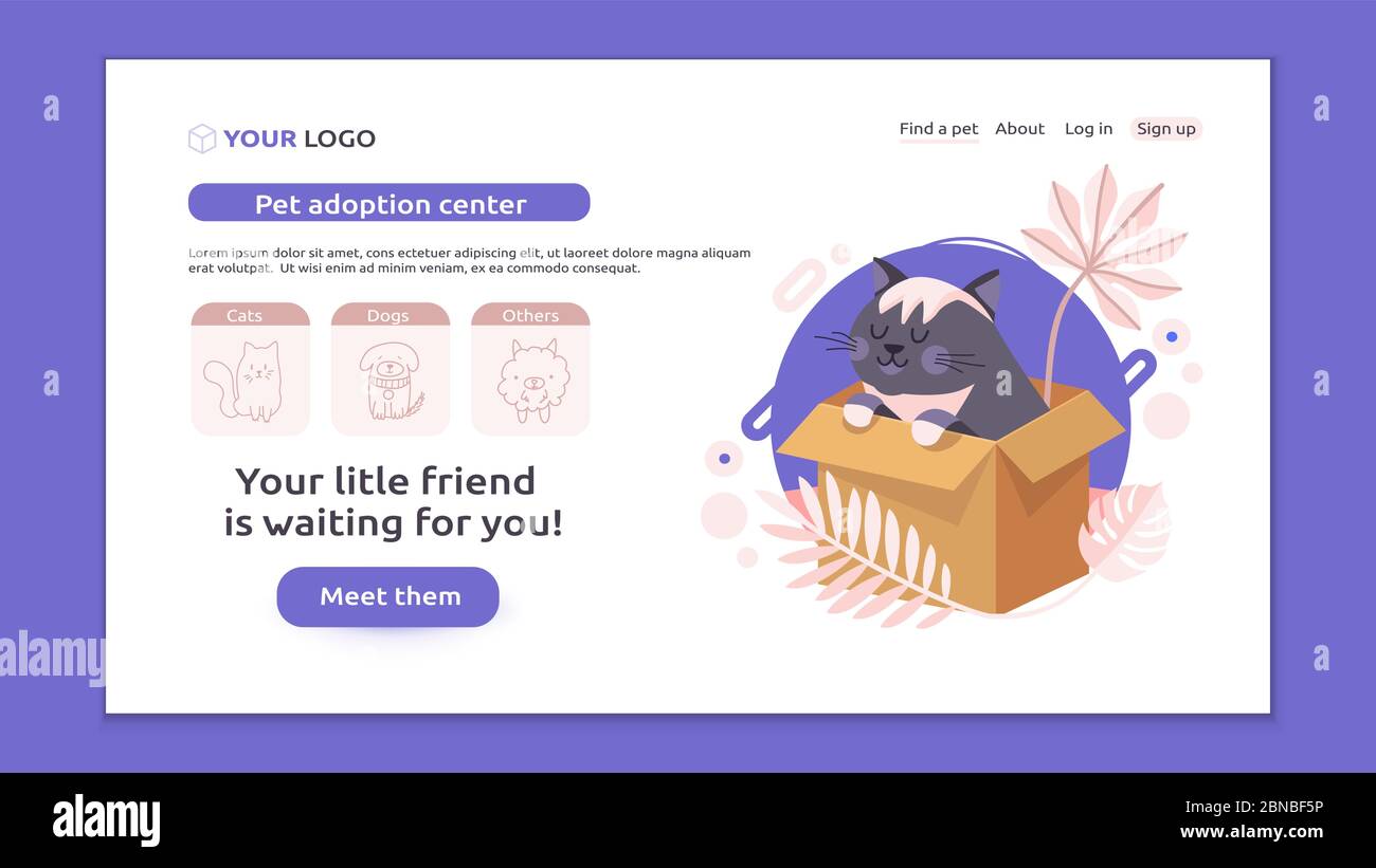 Bannière parfaite pour votre site Web d'adoption d'animal de compagnie, magasin d'animaux ou clinique vétérinaire. Joli chat noir doux est assis dans la boîte et attendant sa nouvelle famille et Illustration de Vecteur Bannière parfaite pour votre site Web d'adoption d'animal de compagnie, magasin d'animaux ou clinique vétérinaire. Joli chat noir doux est assis dans la boîte et attendant sa nouvelle famille et Illustration de Vecteur