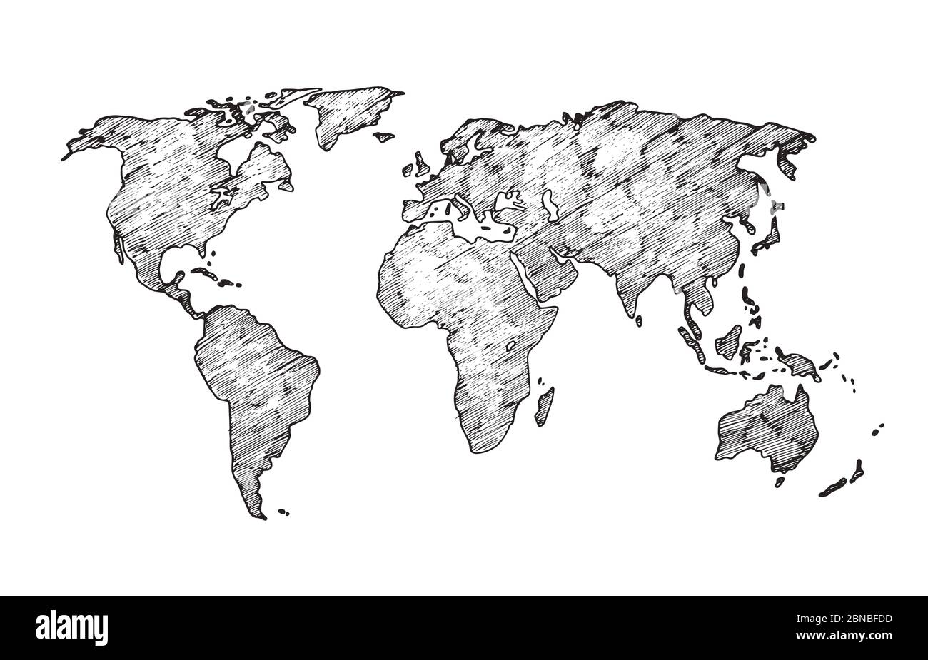 Esquisse de la carte du monde. Terre continents dessin rugueux. Carte vectorielle de classe à gribouillage isolée. Illustration de la carte du monde, afrique et europe, amérique et asie Illustration de Vecteur