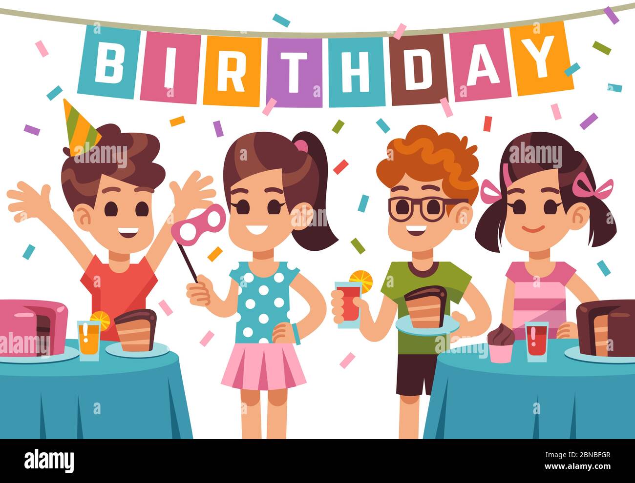 Fete D Anniversaire Pour Enfants Les Enfants Celebrent Leur Anniversaire Fond D Anniversaire Vectoriel Avec Dessins Animes Garcons Et Filles Illustration De Fete D Anniversaire Pour Enfants Fille Et Garcon Pendant Les Vacances D Anniversaire Image
