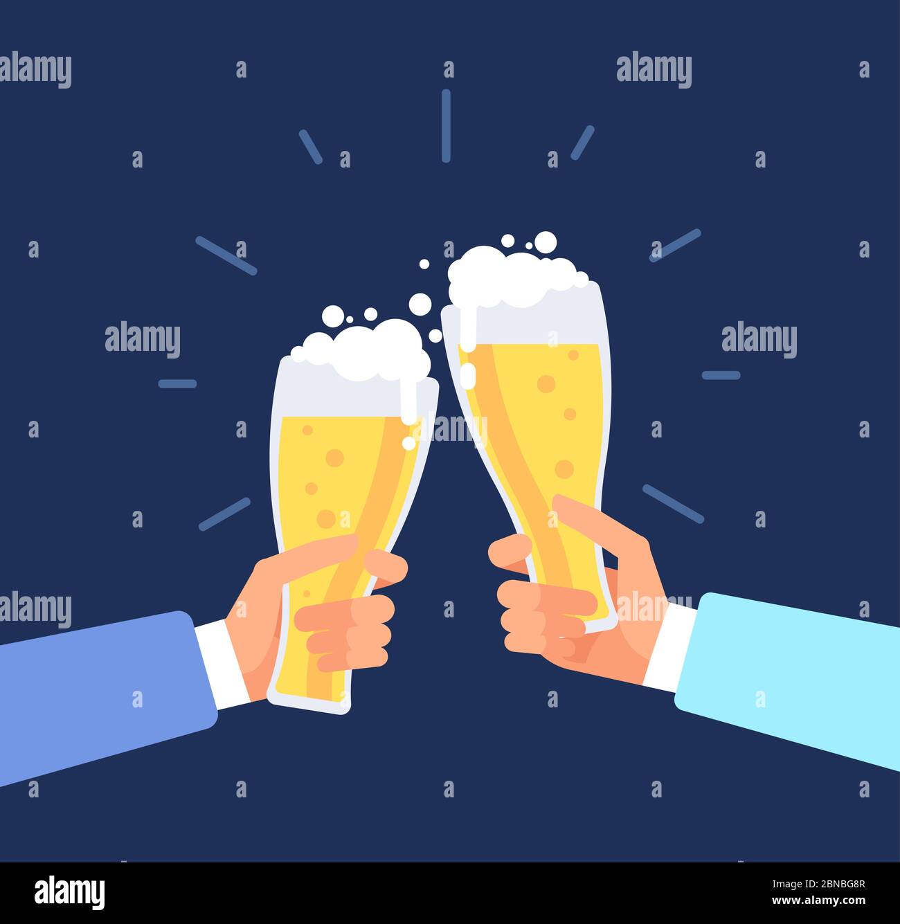 Bière de fond. Les hommes toasting, les mains clink verres à bière. Concept vectoriel d'Octoberfest. Tasse en verre avec bière, boisson de dégustation de gobelets Illustration de Vecteur