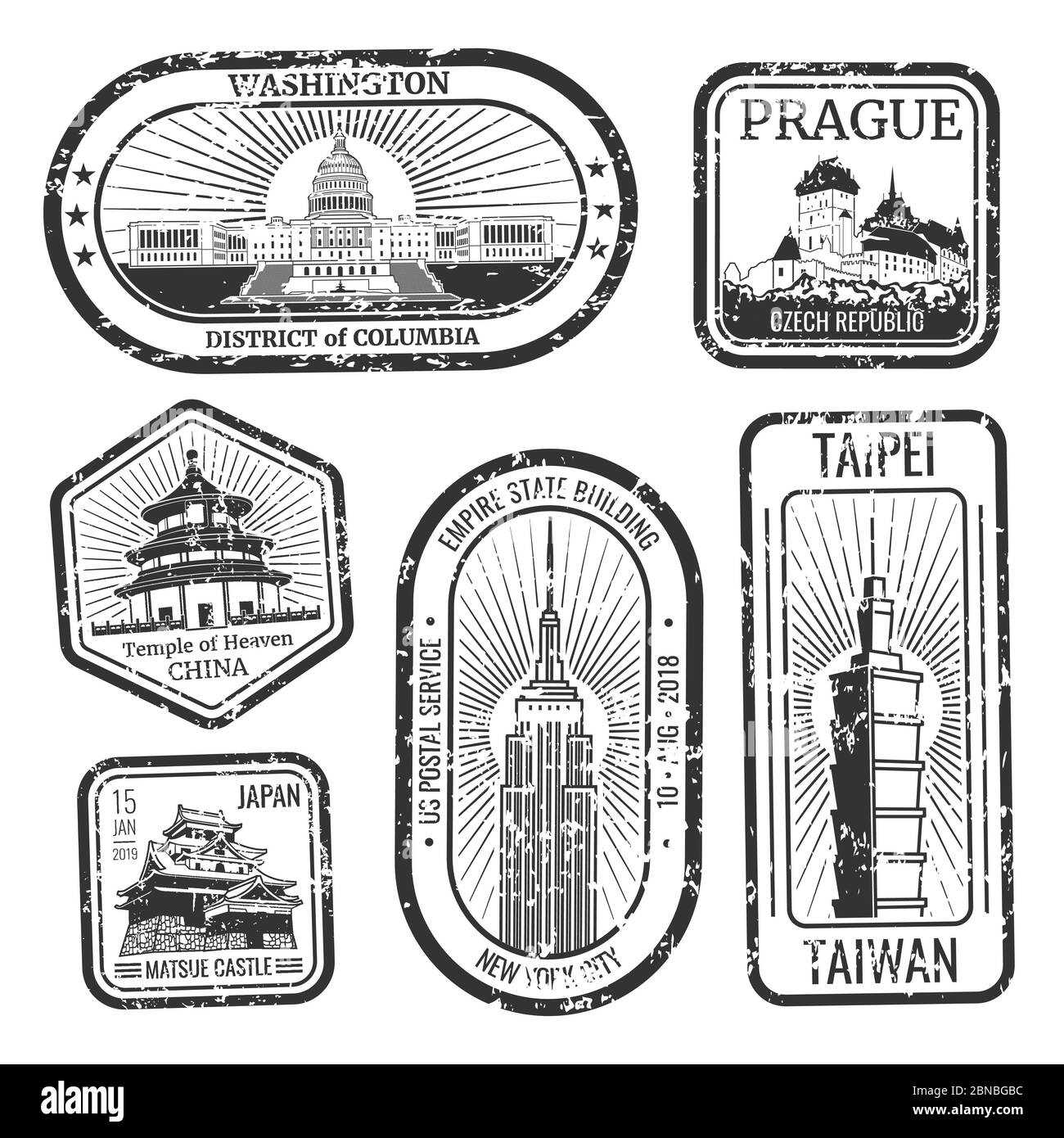 Timbres de voyage vintage noir et blanc avec les principaux monuments et repères ensemble vectoriel. Illustration de l'architecture de voyage, silhouette de timbre touristique Illustration de Vecteur