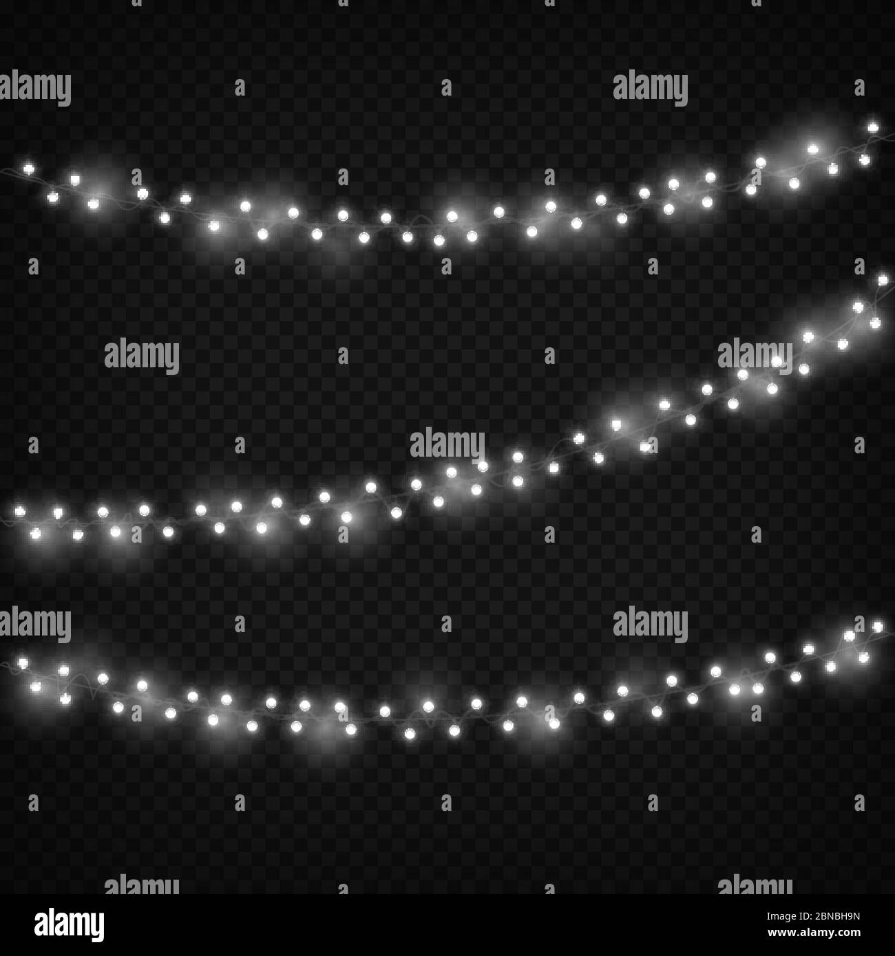 Lumières de noël blanches. Décoration lumineuse festive, guirlande de Noël décorative réaliste. Scénario ensemble isolé arrière-plan noir. Illustration de la lumière de décoration pour les fêtes Illustration de Vecteur